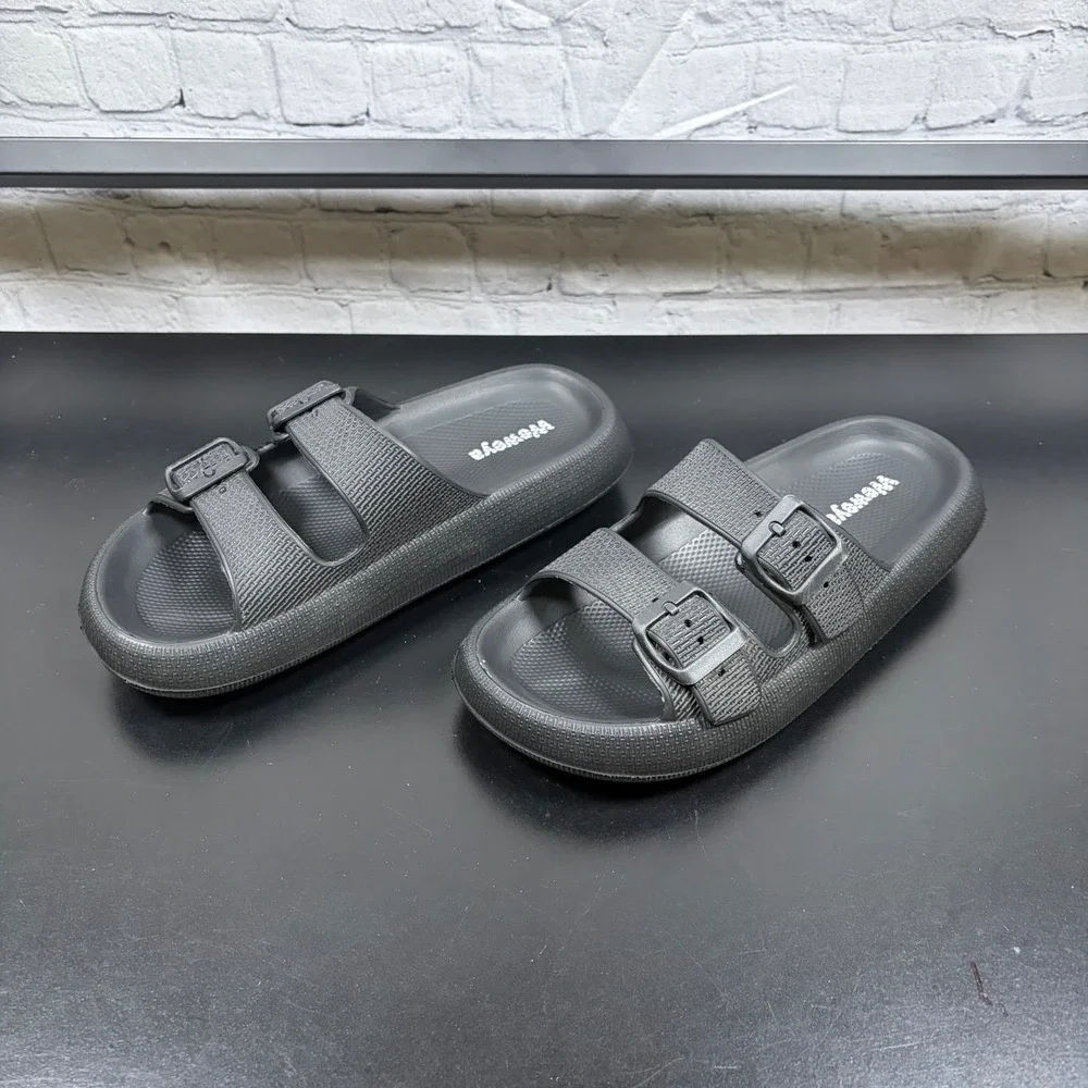 Weweya Black Double Buckle Cloud Slides Foam Sandals Mens 7-8 Womens 8.5-9.5